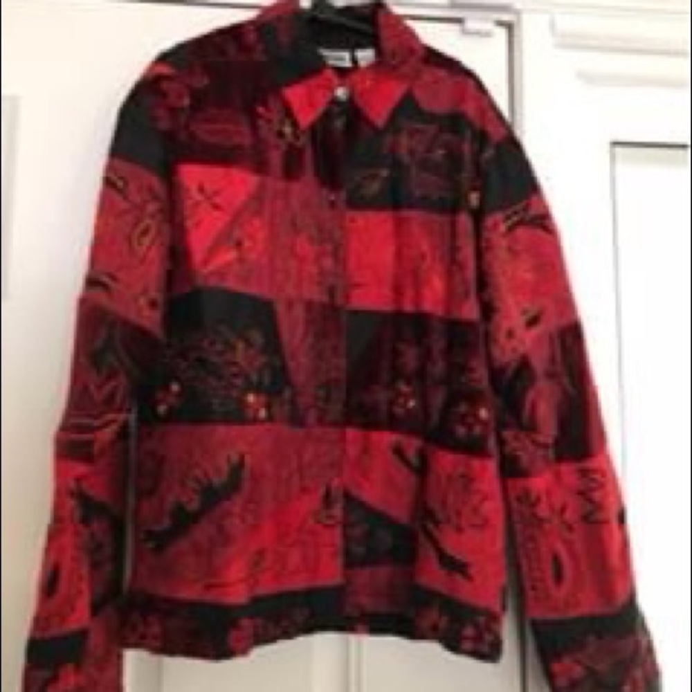 Chico’s Red and Black Silk/Velvet Jacket